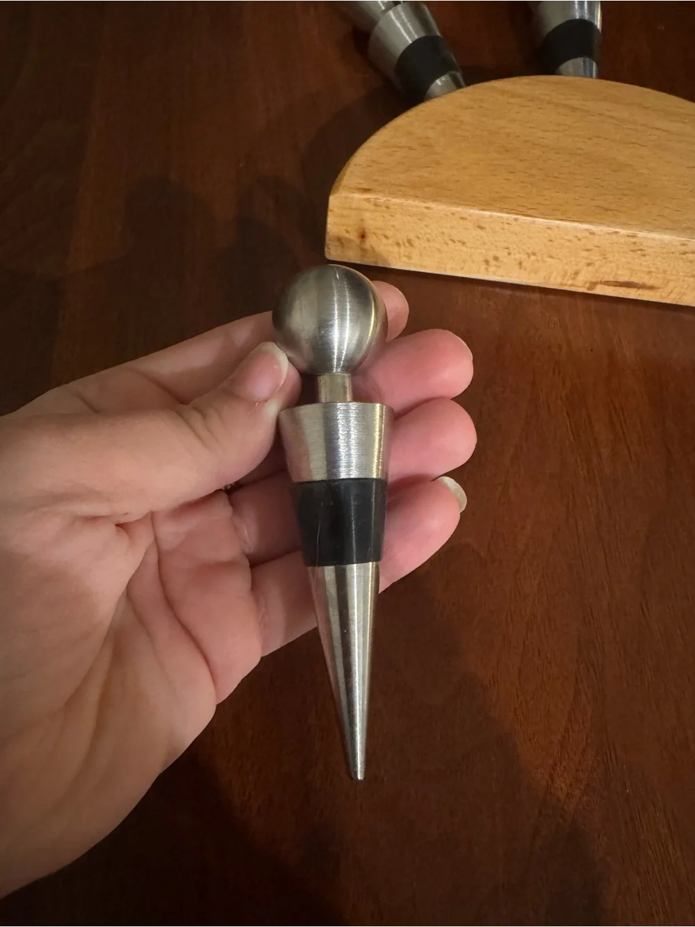Stainless Steel Wine Stopper Set with Wood Stand - Black Accents